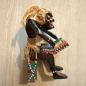 Handmade Wooden Primitive Tribal Statue Sculpture Tiki Bar Figurine On Computer